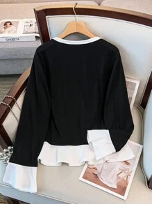 GlowEve CURVE 大码女式优雅休闲荷叶边撞色长袖 T 恤，圆领喇叭袖，纽扣装饰，简约剪裁设计上衣