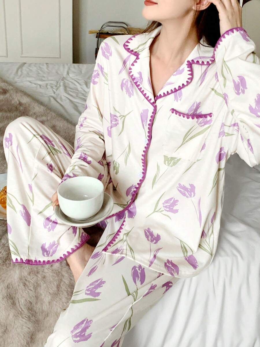 2 件套青少年女孩郁金香花卉图案翻领口袋前开长袖宽松休闲睡衣套装 - 紫色 - 查看 1