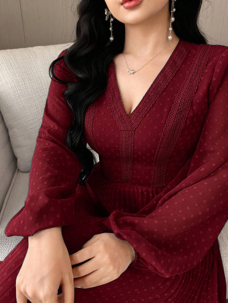 Feyla 女士时尚优雅提花V领中长连衣裙 - 酒紅色 - 查看 2