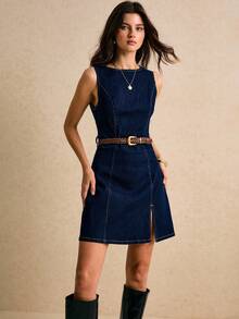 Poéselle 新款女式修身连衣裙 无袖圆领修身腰带侧开衩连衣裙 深蓝色连衣裙 女士秋季连衣裙 圣诞连衣裙 女士工作连衣裙 婚礼宾客服装 仙女裙 露肩连衣裙 牛仔女式牛仔连衣裙 西部腰带牛仔连衣裙 无袖牛仔连衣裙 - 深色水洗藍 - 查看 5