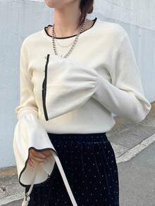 FRIFUL Women's Round Neck Flare Sleeve Contrast Trim Fitted Urban Casual Thick Sweater, Autumn