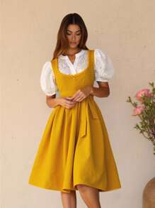 Fairmaia 1 套女式传统德国 Dirndl 连衣裙，配有蕾丝上衣和编织肩带，芥末黄，万圣节 - 黃色 - 查看 3