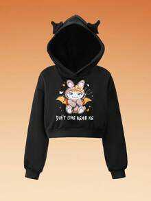 SHEIN Tween Girl Halloween Cartoon Pattern Hooded Crop Top Sweatshirt With 3D Ears,In Fall/Winter - Black - View 1