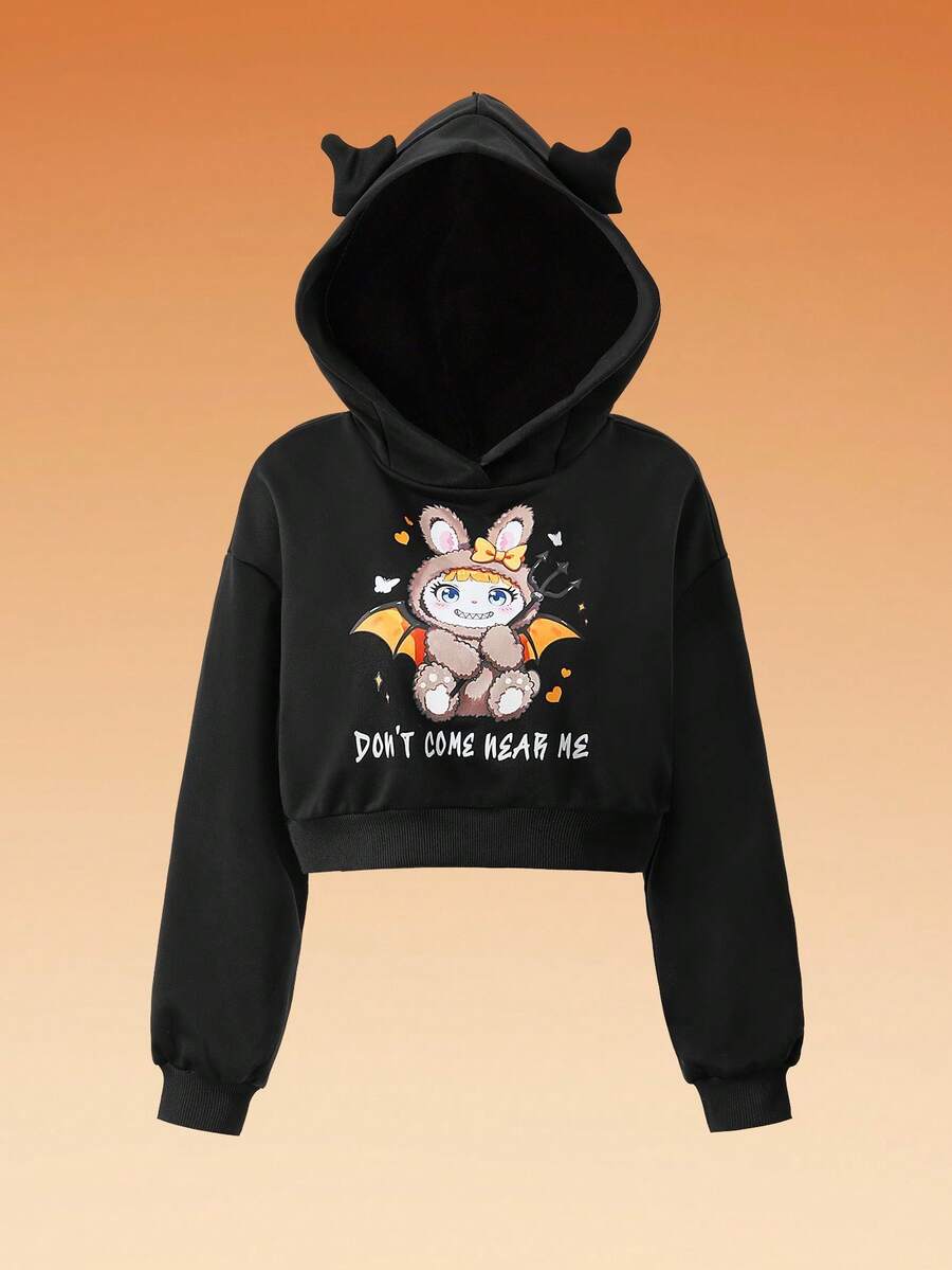 SHEIN Tween Girl Halloween Cartoon Pattern Hooded Crop Top Sweatshirt With 3D Ears,In Fall/Winter - Black - View 1