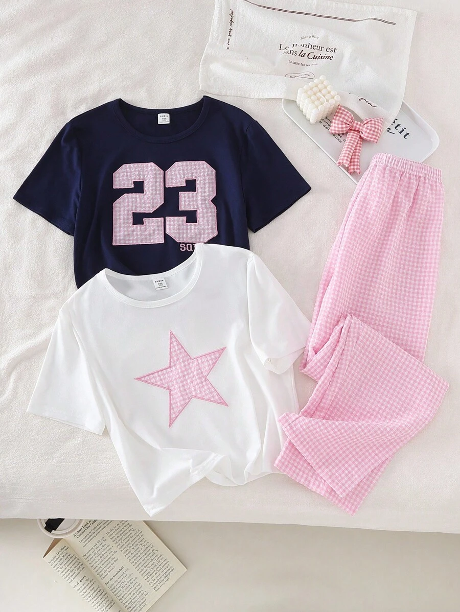 少女数字和星星格子刺绣短袖上衣搭配粉色格子裤家居服套装 - 彩色 - 查看 1
