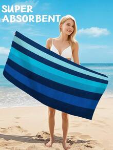 SHEIN 1 件超大蓝白条纹沙滩巾，超柔软轻盈的超细纤维，速干，非常适合海滩、泳池、热水浴缸 | 旅行套装，泳池必备品 | 条纹图案 | 抗起球面料，沙滩巾 - 彩色 - 查看 5