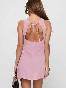 SHEIN Essnce Women Solid Color Backless Tie Up Bodycon Mini Dress, Sleeveless - Pink - View 3