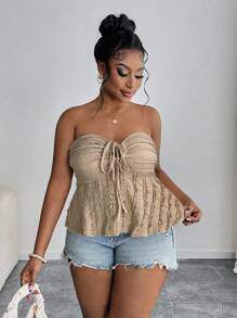 SHEIN PETITE CURVE 大码女式夏季休闲通勤度假风格纯色蕾丝拼布前系带紧身胸衣娃娃装抹胸上衣 - 摩卡棕 - 查看 5