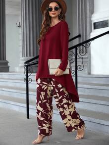 EMERY ROSE Women's Elegant Commuter Solid Color Asymmetric Hem Top & Floral Print Pants 2 Pieces Set - Burgundy - View 5