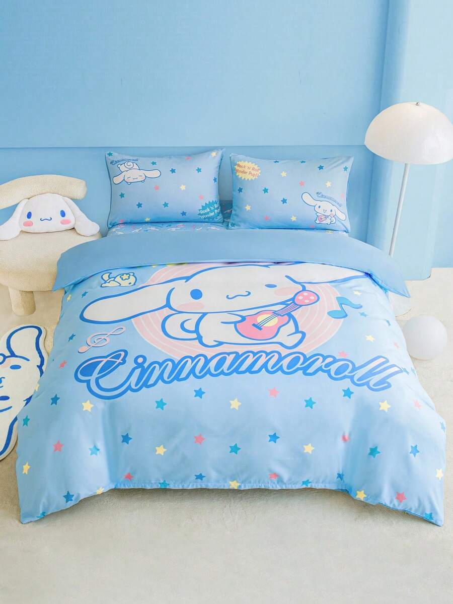 HELLO KITTY AND FRIENDS | SHEIN 可爱有趣的卡通、字母、星星、音符印花床上用品套装 - 淺藍色 - 查看 1