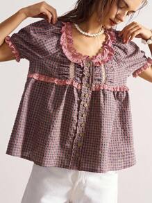 Bohemela 休闲梭织格子泡泡袖V领宽松女式衬衫