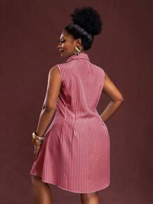 Veslaya 春夏新款女士大码优雅通勤休闲办公条纹梭织面料无袖收腰衬衫裙 - 紅色 - 查看 3