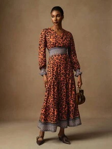 Vesra Rochie elegantă de damă cu imprimeu leopard și decolteu încrucișat - Maro - Vizualizare 4