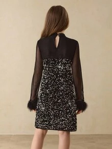 Vestido midi elegante y glamoroso para niñas con cuello redondo, manga larga, lentejuelas y falso pelo, adecuado para fiestas de noche, banquetes, vacaciones, casual, baile, boda, regreso a la escuela, graduación, Halloween, Navidad, regalo de cumpleaños y otras ocasiones