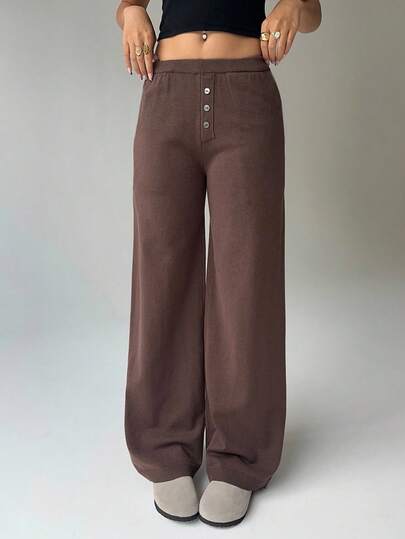 Aloruh Ensemble pantalon et pull vintage couleur café à taille basse et ajusté, longueur jusqu'aux chevilles, pour jeunes femmes, automne/hiver