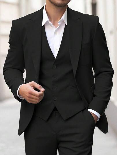 Calvornis 男士商务休闲长翻领设计西装外套和裤子套装男士黑色西装套装男士西装三件套黑色西装新郎男士黑色正装男士燕尾服