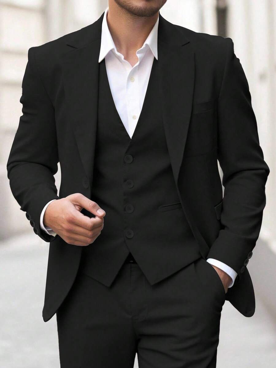 Calvornis 男士商务休闲长翻领设计西装外套和裤子套装男士黑色西装套装男士西装三件套黑色西装新郎男士黑色正装男士燕尾服