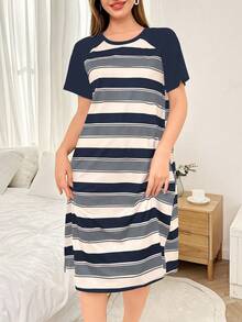 Contrast Color Striped Print Short Sleeve Women Nightgown  Cozy And Elegant Details