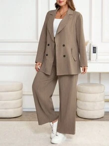 SHEIN Clasi 大码休闲通勤条纹夹克和裤子套装 - 咖啡棕 - 查看 13