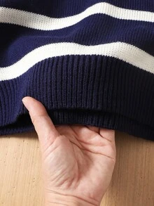 SHEIN 青少年女孩休闲宽松拼色条纹圆领套头衫 - 藍白色 - 查看 4