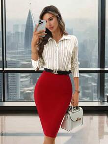 SHEIN Clasi Body de manga larga con cuello de encaje a contraste y rayas elegante para mujer, adecuado para el uso diario y múltiples ocasiones - Multicolor - Ver 1