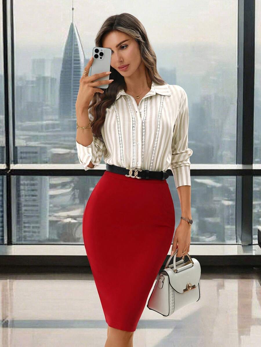 SHEIN Clasi Body de manga larga con cuello de encaje a contraste y rayas elegante para mujer, adecuado para el uso diario y múltiples ocasiones - Multicolor - Ver 1