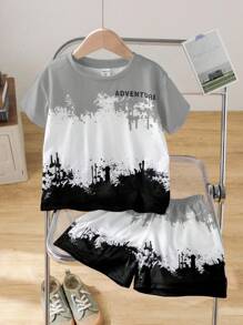 SHEIN 2 Pieces Set Young Boys Casual Comfortable Versatile Splash Ink Print Short Sleeve Top And Shorts Set, Suitable For Spring And Summer - Grey - View 7