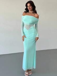 Aloruh 女士时尚优雅露肩荷叶边连衣裙 - 藍色 - 查看 2