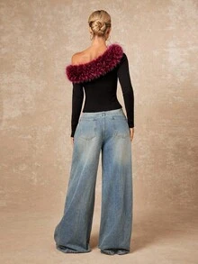 Lumalex Women's Black Elegant Sexy Night Out Autumn Winter Faux Fur Shoulder Cut-Out Tight Fit Long Sleeve T-Shirt Bolero Shrug Feather Top Party Glamorous - Red and Black - View 8