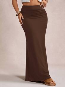 Freevana Plus Size Elegant Romantic Vintage A-Line Maxi Knit Skirt, Suitable For Party And Gathering, Autumn/Winter,Fall Clothes For Women - Coffee Brown - View 3