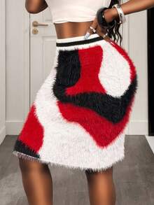 SHEIN BamGlam 女式拼色毛绒针织毛衣裙，休闲街头风格，性感黑白红撞色 - 紅白色 - 查看 3