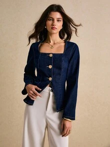 Poéselle Women's Square Neck Long Sleeve Single-Breasted Casual Denim Coat Navy Blue Denim Coat Denim Top Women - Dark Wash - View 2