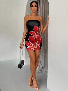 Glamine Váy ngắn màu đen in hoa đỏ hở vai gợi cảm mùa hè - màu đen - Xem 6