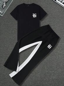 SHEIN Bolty Tween Boy Y2K Casual Short Sleeve Top And Flare Pants Set, Street Punk Rock Preppy Style Suitable For Daily Wear, Party, Summer - Multicolor - View 2