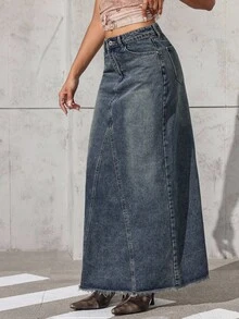 Jeanoix Women's Pocketed Frayed Hem Straight Loose Casual Long Denim Skirt - Blue - View 5