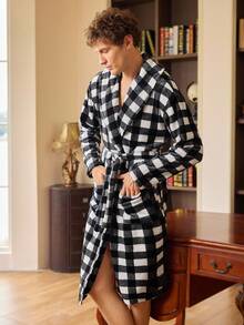Bata de hombre con cuello de chal, cinturón y bolsillos, estampado de guinga, bata de hombre a cuadros de otoño/invierno, bata de hombre a cuadros búfalo