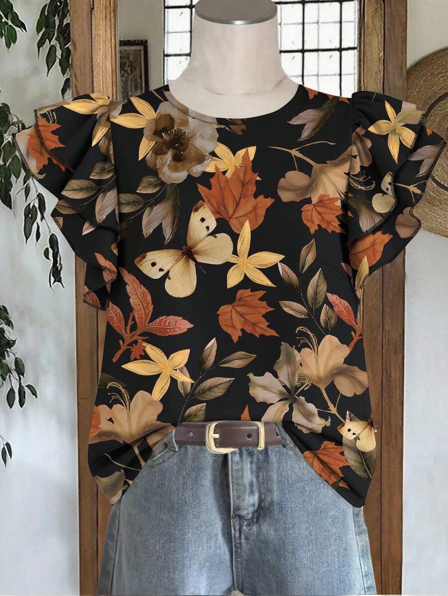 EMERY ROSE Plus Size Butterfly Leaf Print Women's Black,Summer,Boho,Everyday Daily Casual Elegant Round Neck Double Layer Flutter Sleeve Loose Shirt Blouse - Multicolor - View 1