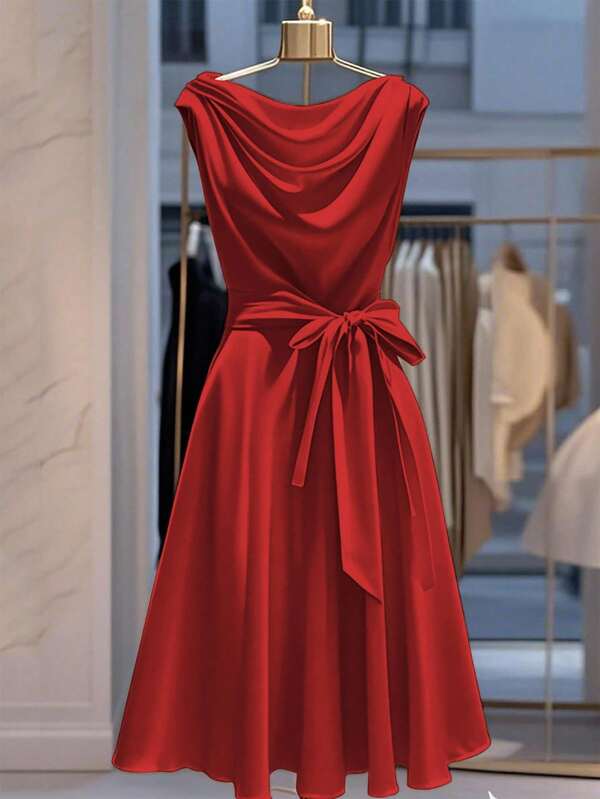 Franclia Women's Elegant Solid Color Waist Cinched Dress