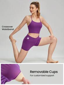 GLOWMODE FeatherFit™運動胸衣＆8英寸短褲套裝，背帶背心式胸衣，高腰側邊口袋車兜短褲，適用於低強度瑜珈日常跑步健身夏季運動 - 紫色 - 查看 4