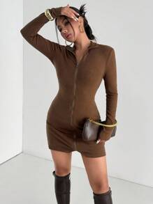 Aidyla Women's Knitted Faux Cashmere Turtleneck Long Sleeve Full Zip Sexy Mini Dress Autumn Brown Zip Up Dress Fall Cloth For Women Streetwear - Brown - View 8