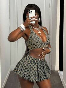 Slaydiva 女士牛仔露背短款上衣，性感修身蓝色 - 深色水洗藍 - 查看 5