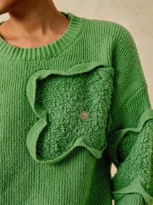 Travachic Women's Plus Fuzzy Crew Neck Green Long Sleeve Knitted Sweater, Fashion For Winter 2025 Fall - Green - View 3