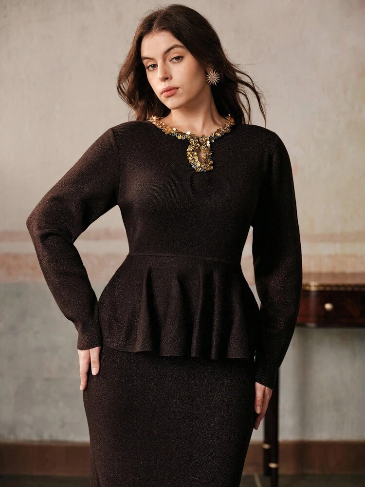 High-End Fashion Vintage Inspired Retro Coin Sequin Embellished Wool Blend Ruffle Hem Plus Size Dress