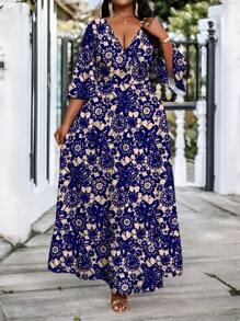 SHEIN Lady Spring And Summer Elegant Commuting Office Colorful Knitted Round Neck Flared Three Quarter Length Sleeve Plus Size Dresses Summer Outfits For Women Summer Dresses For Women Office Outfits For Women Office Dresses