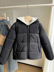 女童休闲棉服外套，罗纹弹性衣领、袖口和下摆，加厚衬里，宽松版型，秋冬舒适，适合日常、通勤、郊游、派对和拍照 - 黑色 - 查看 3