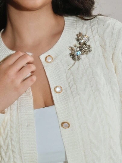 Anewsta 大码纯色水钻刺绣针织开衫