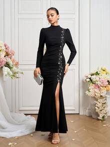 Coutiva Vestido de noche elegante de mujer con decoración de strass, plisado y abertura en la falda de cola de pez - Negro - Ver 5