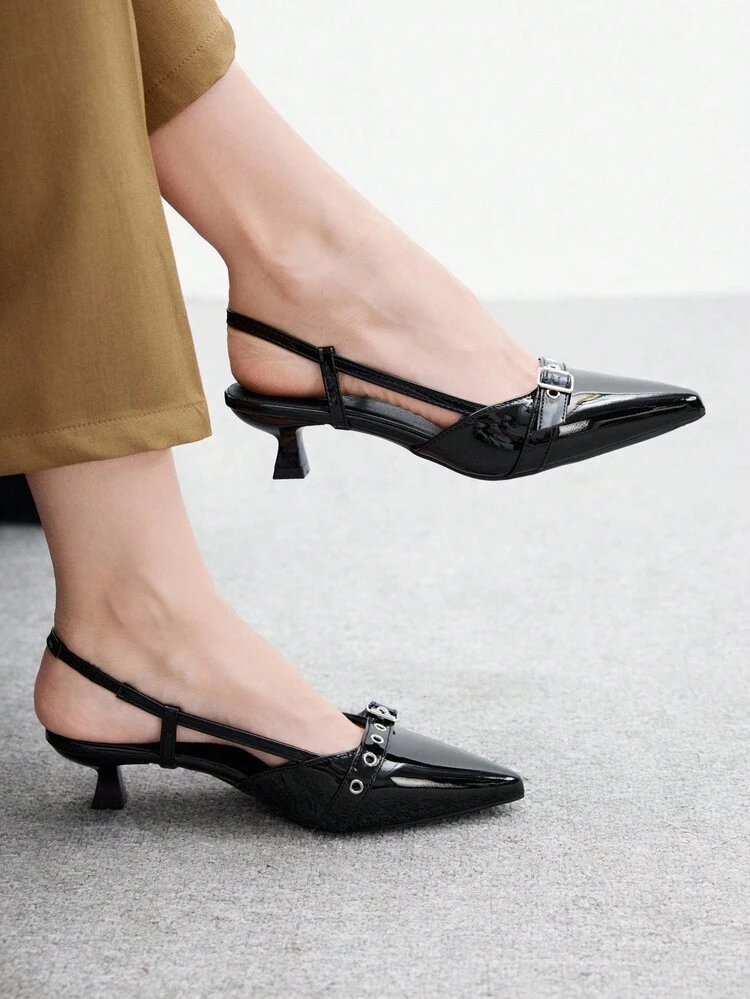 CUCCOO BIZCHIC Women's Pointed Toe Kitten Heel Black Hollow Out Backstrap Comfortable Commute Office Versatile Ladies High Heel Mules For Christmas Spring Shoes