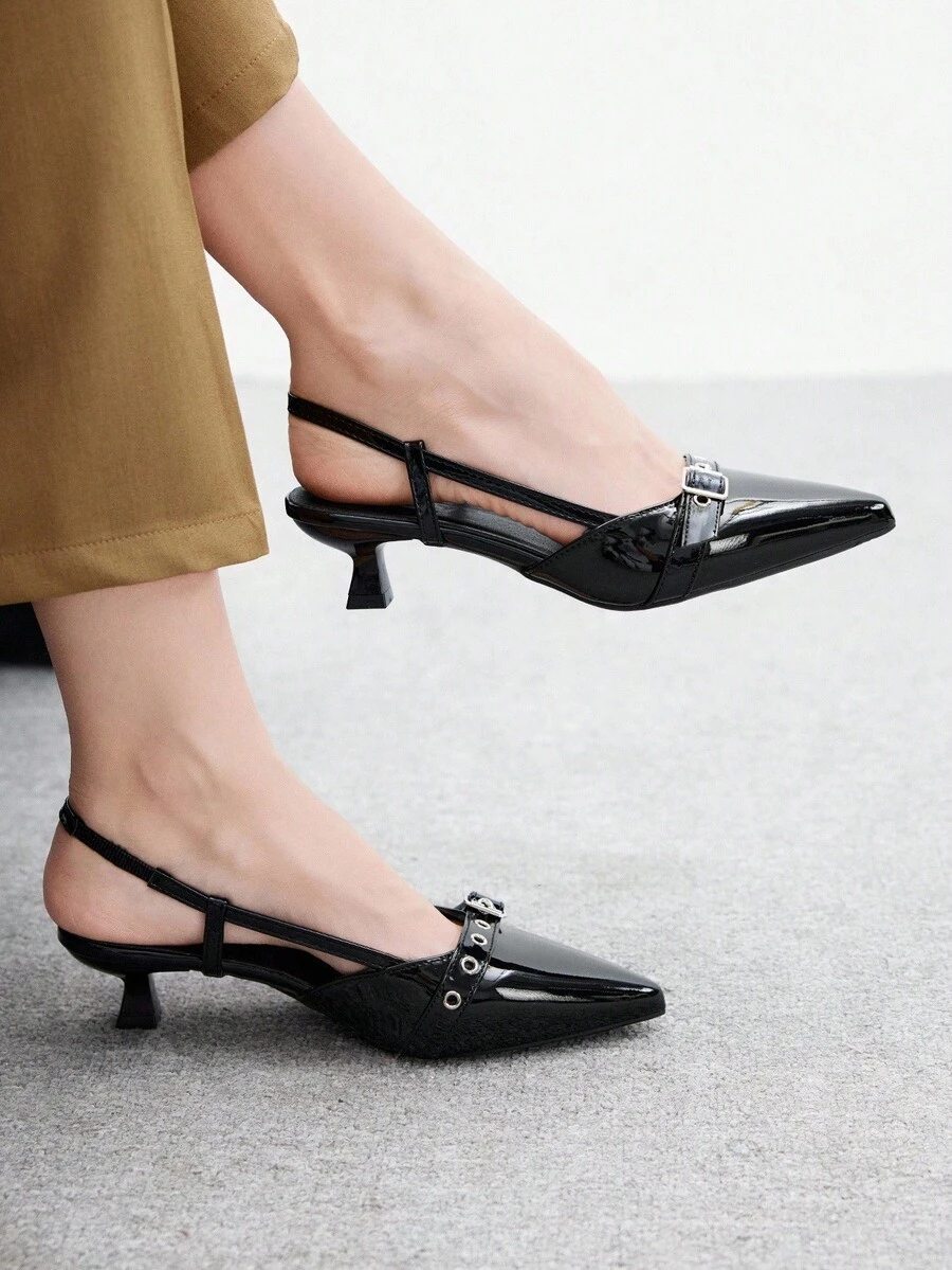 CUCCOO BIZCHIC Mulas de tacón alto versátiles para damas con punta afilada, tacón de gatito, negro, recorte hueco y correa trasera, cómodas para la oficina y el transporte - Negro - Ver 1