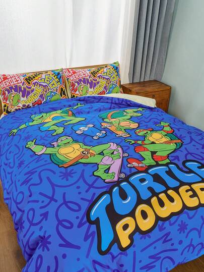 TEENAGE MUTANT NINJA TURTLES | SHEIN 3pc 3pcs Teenage Mutant Turtles Reversible Duvet Cover Set,Suitable For Single Bed/Double Bed/Queen Bed/King Bed, Dormitory/Home